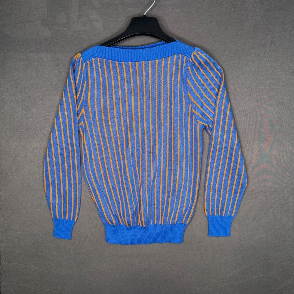 Vintage Kids 90s Blue‎ Orange Stripe Retro Knit Pullover Sweater Girls L Colleen